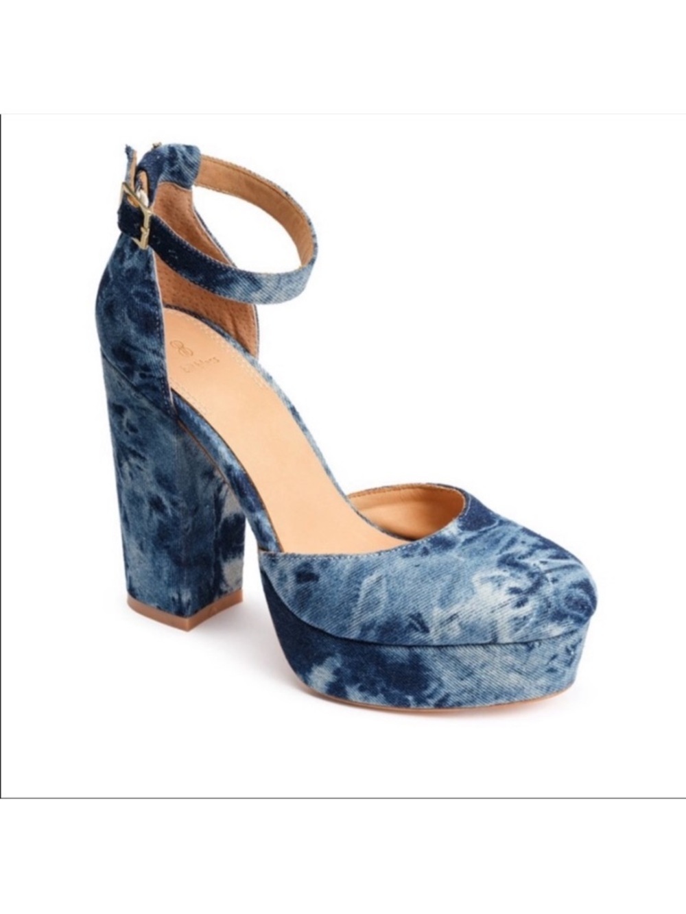 Bill Blass Blue Ellie Bleached Denim Tie-Dye Platform Ankle-Strap Heels - Picture 14 of 15